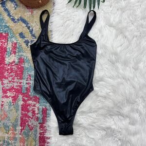 Betty Jade Metallic Black One Piece Swimsuit Medium High Cut Leg